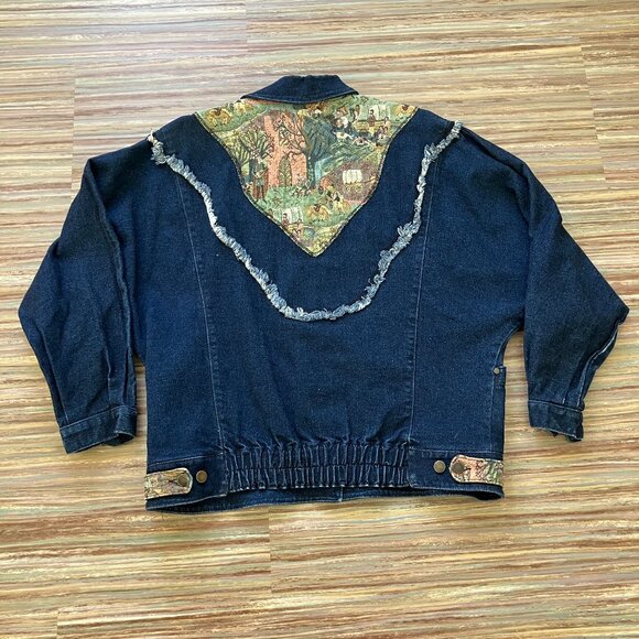 Tapestry Denim Jacket Dark Jean Horse Wagon Pattern Vintage 80s Made in Canada - Picture 5 of 8